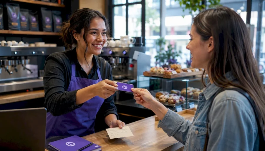 Barista wręczający klientowi spersonalizowaną ofertę