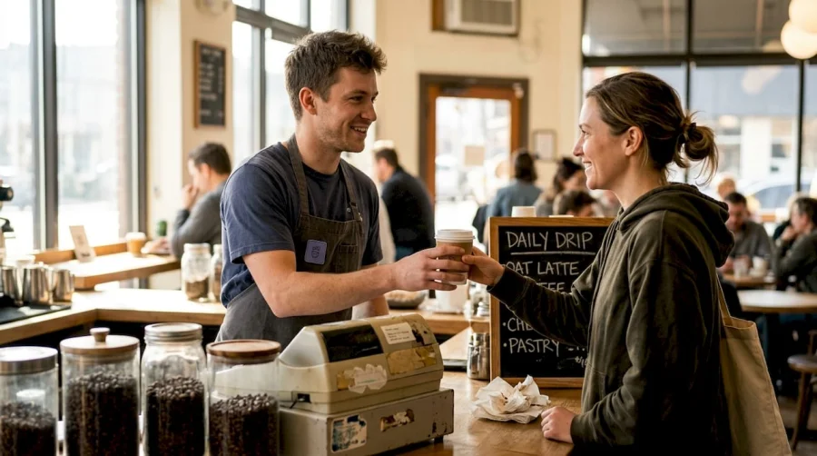 Barista wita stałego klienta kawiarni