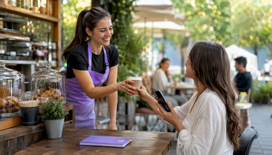 Barista handing coffee with digital stamp card app