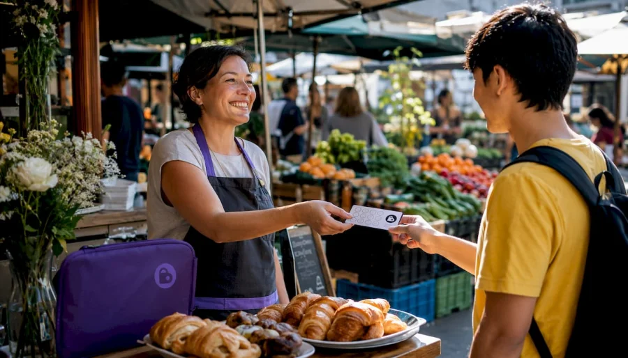 Barista handing paper loyalty card to customer