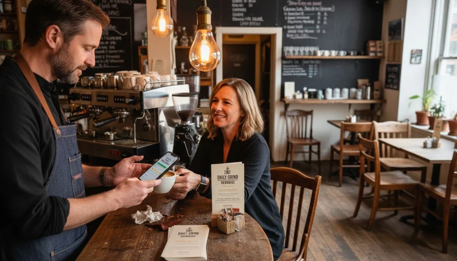 Barista utilizando una aplicaci&oacute;n de recompensas en una cafeter&iacute;a