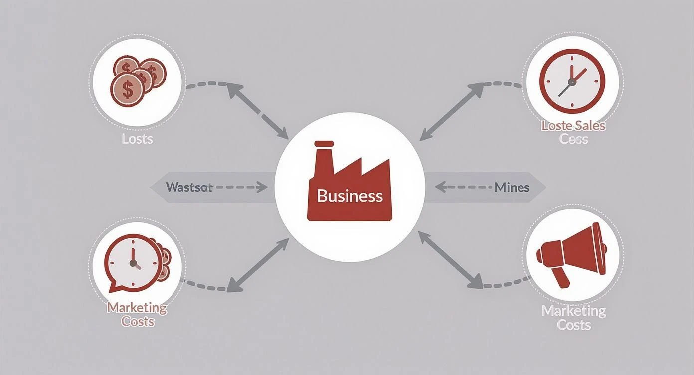 Üzleti diagram, amely bemutatja a vállalatot érintő költségeket, beleértve a veszteségeket, a pazarlást, a marketingköltségeket és az elmaradt eladásokat.