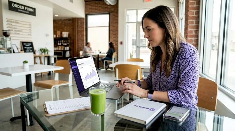 Business owner reviewing loyalty program stats in bakery office