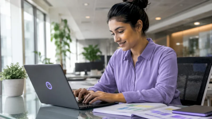 Professionnel d'entreprise terminant une formation sur ordinateur portable