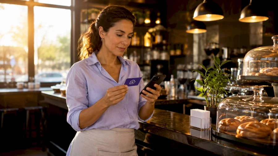 Businesswoman reviewing loyalty program card