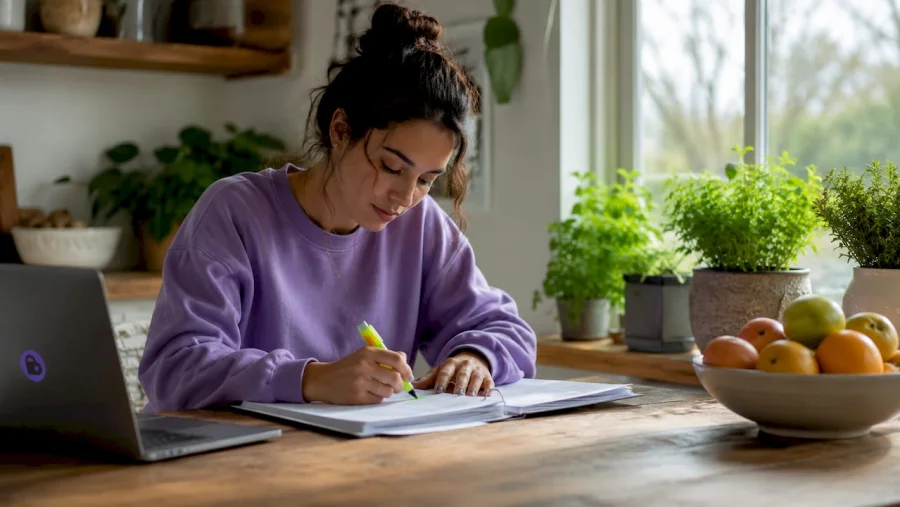 Businesswoman reviewing onboarding checklist at desk