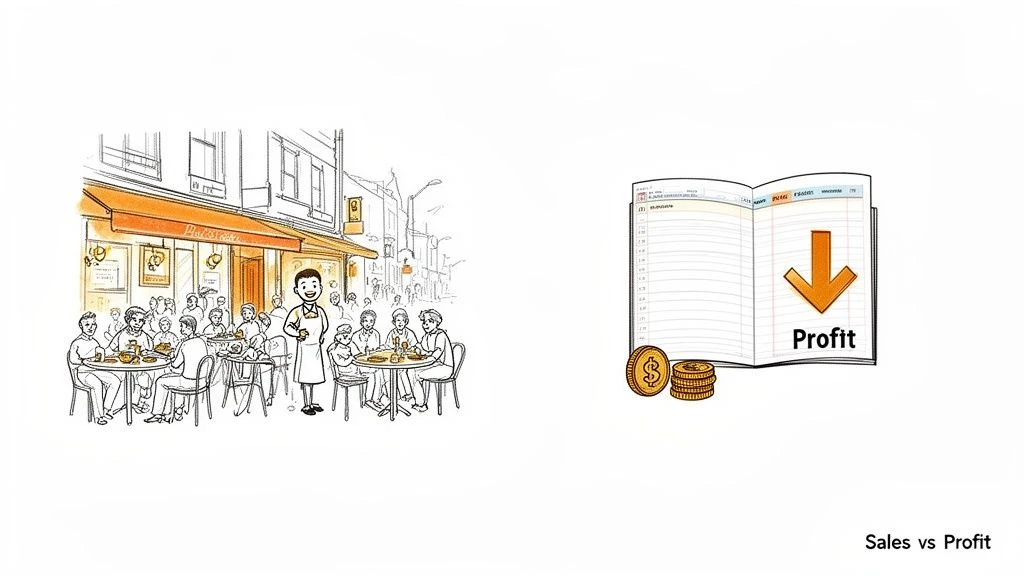 Belebte Restaurantszene neben einem Buchhaltungsbuch, das sinkende Gewinne und Dollarm&uuml;nzen anzeigt.