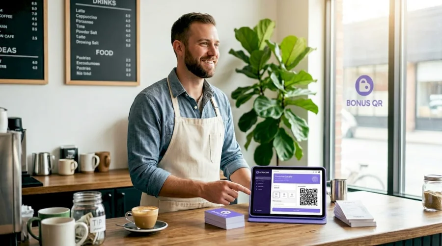 Cafe owner at counter reviewing loyalty rewards