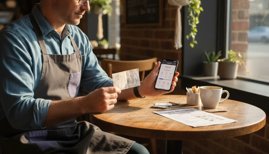 Właściciel kawiarni por&oacute;wnuje fizyczną i cyfrową kartę z pieczątką
