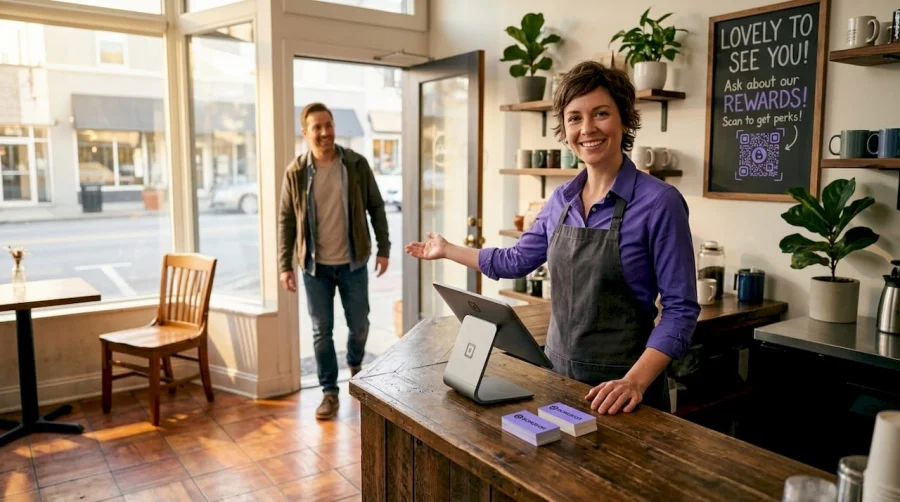 Proprietario di un caff&egrave; che saluta un cliente fedele all'interno
