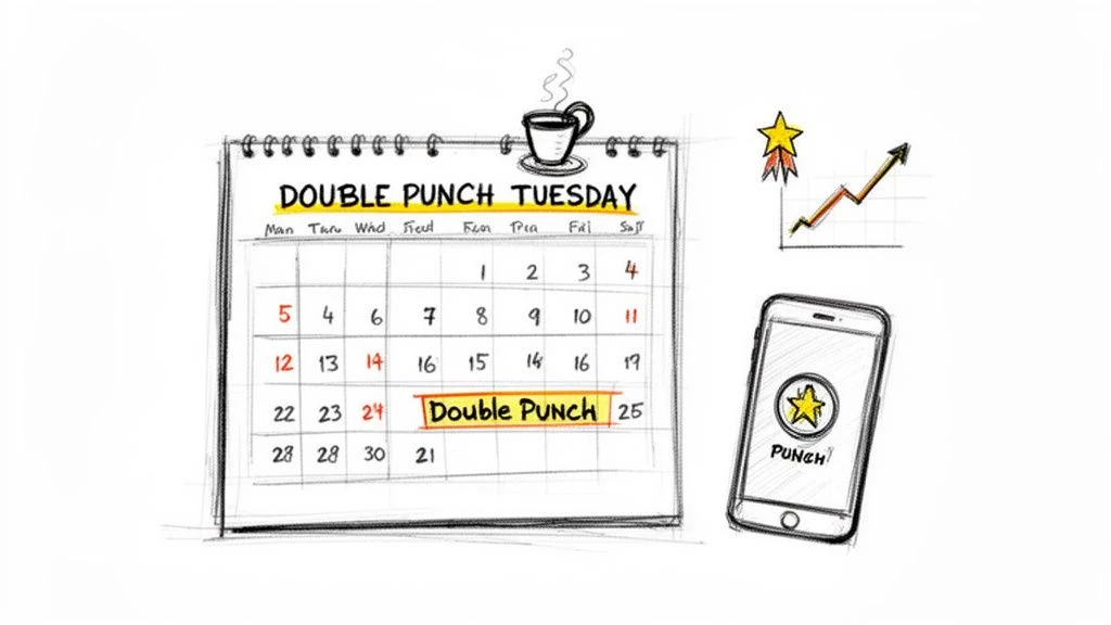 Calendar highlights 'Double Punch Tuesday', showing a coffee cup, growth graph, and a mobile loyalty app.