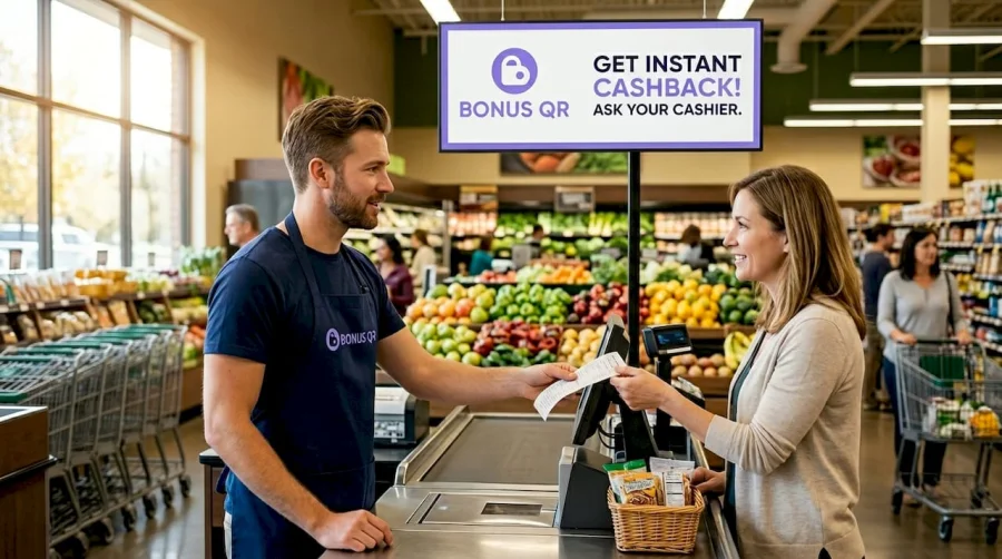 Pokladn&iacute; u pokladny vysvětluje z&aacute;kazn&iacute;kovi akci cashback