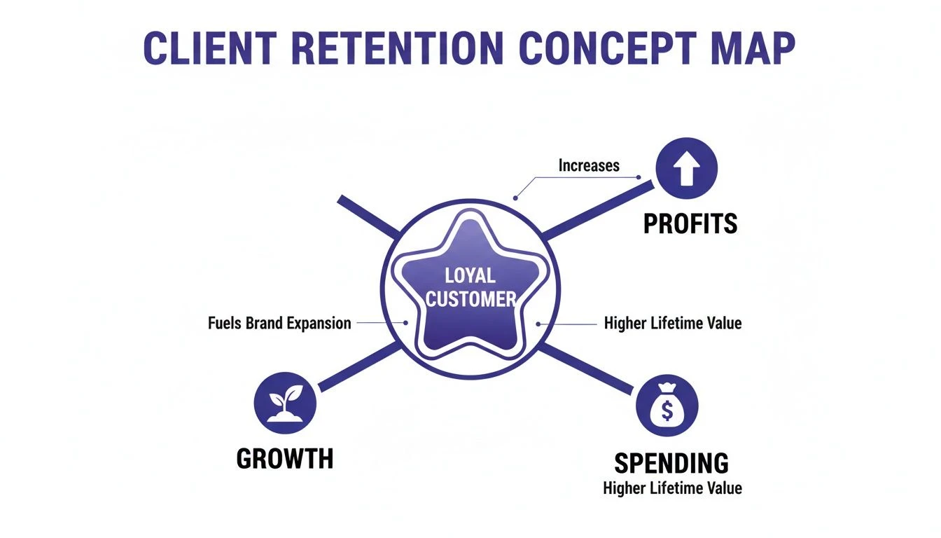 Die Kundenbindungs-Konzeptkarte zeigt, wie treue Kunden den Gewinn und die Ausgaben erh&ouml;hen und die Expansion und das Wachstum der Marke f&ouml;rdern.