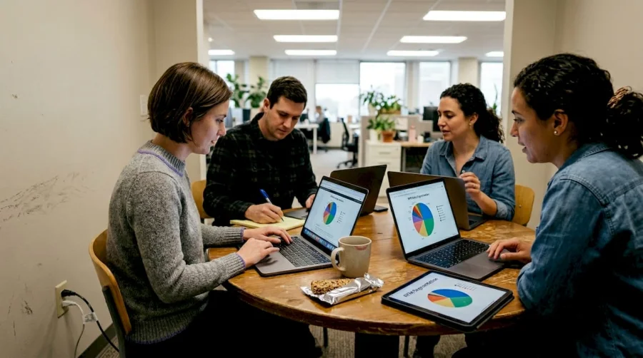 Koledzy używający laptopów do segmentacji klientów