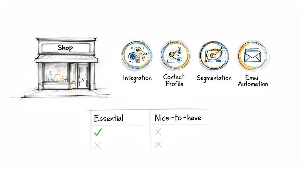 le funzionalit&agrave; del CRM per un negozio, tra cui l'integrazione, i profili dei contatti, la segmentazione e l'automazione delle e-mail, con l'evidenziazione degli elementi essenziali.