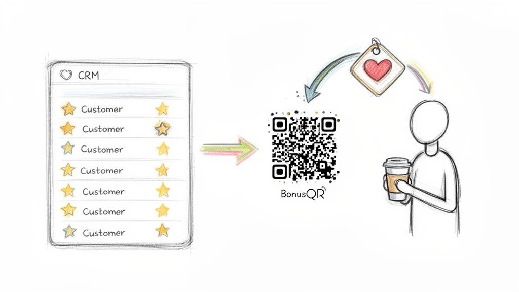 Il sistema CRM visualizza le valutazioni dei clienti, generando un QR bonus per un programma di fidelizzazione.