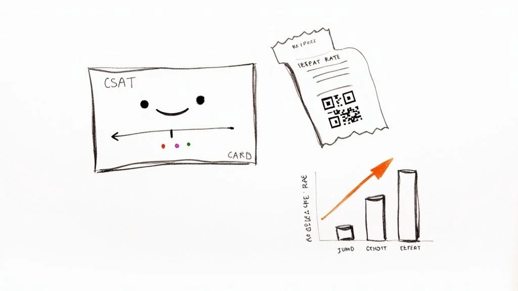 CSAT-Karte mit QR-Code und Balkendiagramm für steigende Zufriedenheit