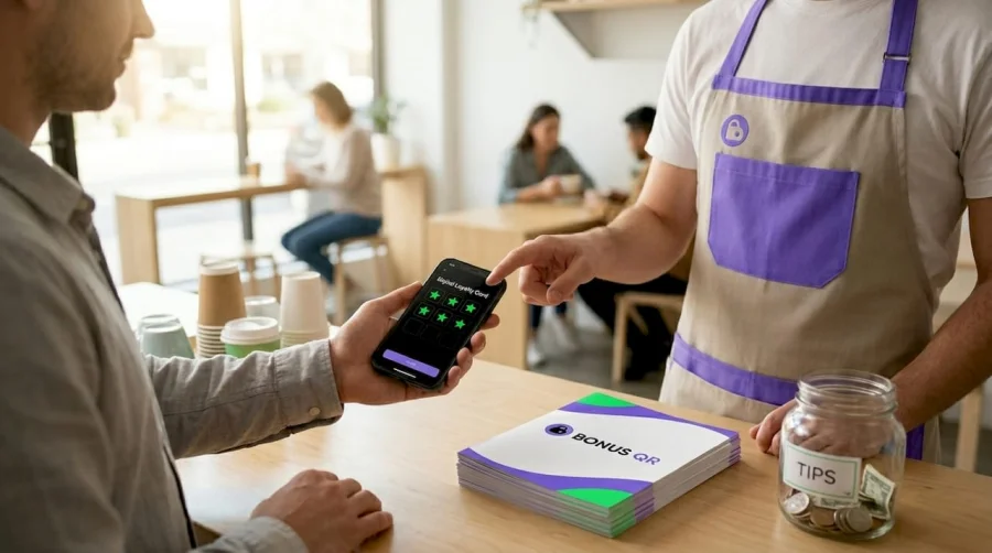 Kunde und Barista nutzen am Caf&eacute;-Tresen eine digitale Stempelkarten-App