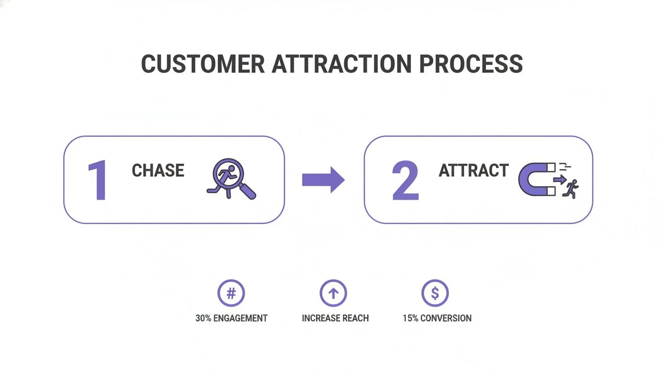 Sch&eacute;ma procesu z&iacute;sk&aacute;v&aacute;n&iacute; z&aacute;kazn&iacute;ků zobrazuj&iacute;c&iacute; dva kroky: Chase a Attract, s kl&iacute;čov&yacute;mi metrikami.