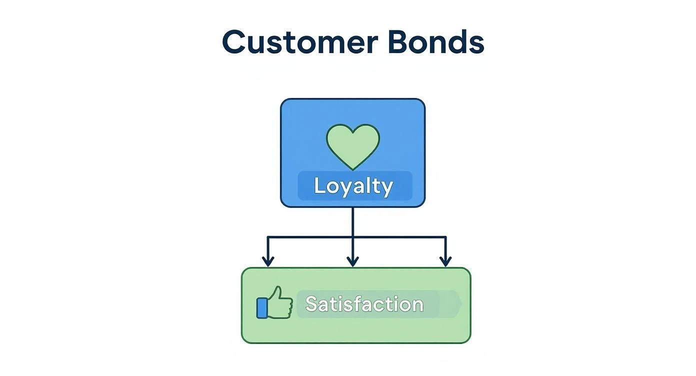 Kundenbindungsdiagramm, das die Loyalität mit dem Herzsymbol und die Zufriedenheit mit dem Daumen-hoch-Symbol zeigt