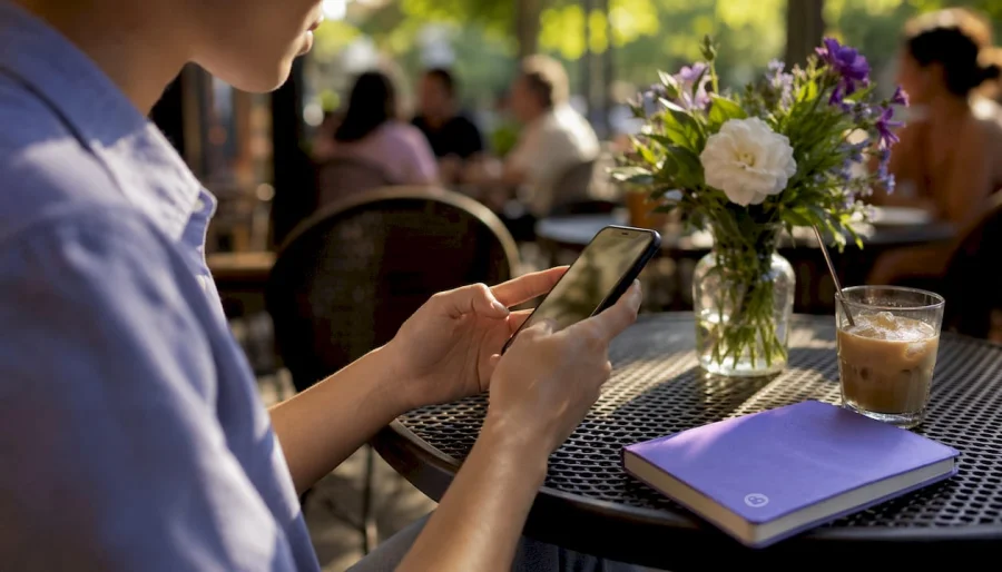 Cliente parcourant l'application de fid&eacute;lit&eacute; dans un caf&eacute;