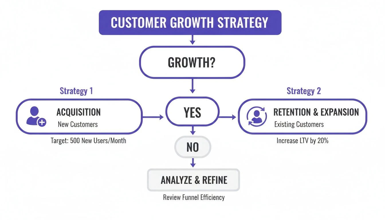 Flussdiagramm zur Strategie des Kundenwachstums, das die Prozesse der Akquisition, der Bindung, der Erweiterung und der Verfeinerung beschreibt.