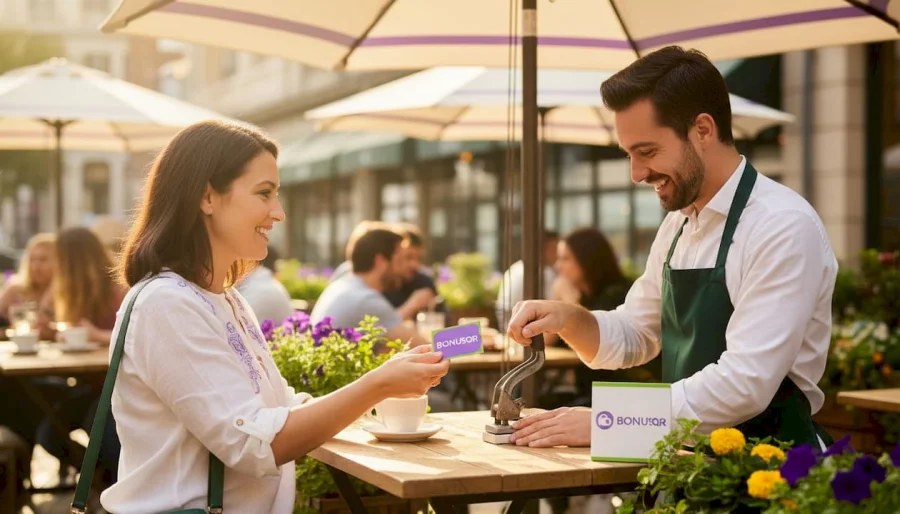 Ein Kunde &uuml;bergibt dem Barista an der Kaffeetheke eine Lochkarte
