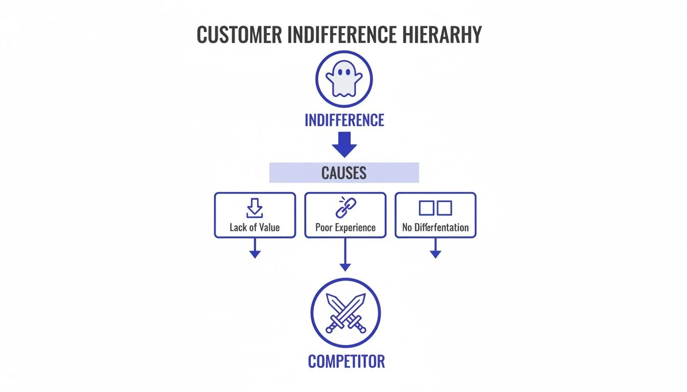 Organigramme de la hi&eacute;rarchie de l'indiff&eacute;rence des clients illustrant le manque de valeur, l'exp&eacute;rience m&eacute;diocre et l'absence de diff&eacute;renciation menant &agrave; la concurrence.