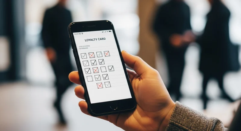 Carte de fidélité numérique affichée sur l'écran d'un smartphone dans un environnement de vente au détail