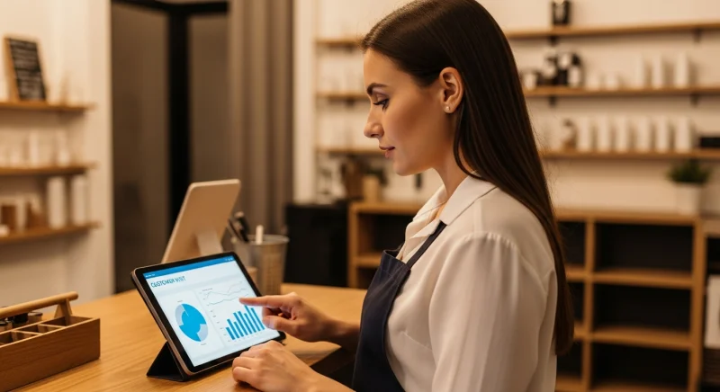Propriétaire d'une petite entreprise consultant les données et les analyses d'un programme de fidélisation de la clientèle sur une tablette.