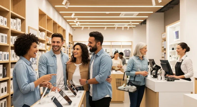 Happy customers interacting with staff at a modern retail store