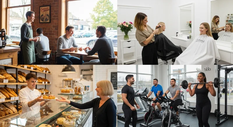 Collage of happy customers at different local businesses including a caf&eacute;, salon, bakery, and gym