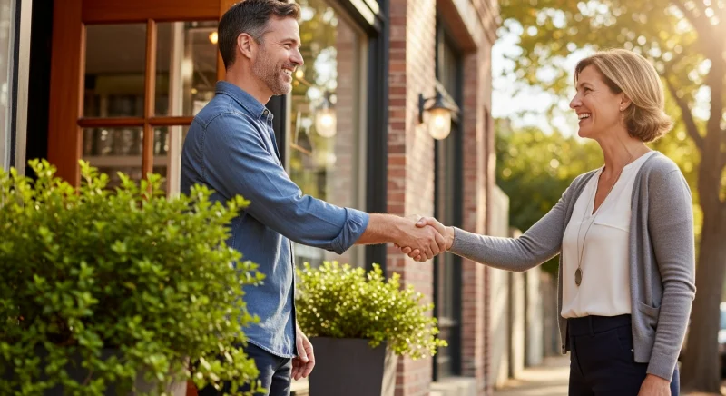Business owner shaking hands with a loyal customer in front of their store