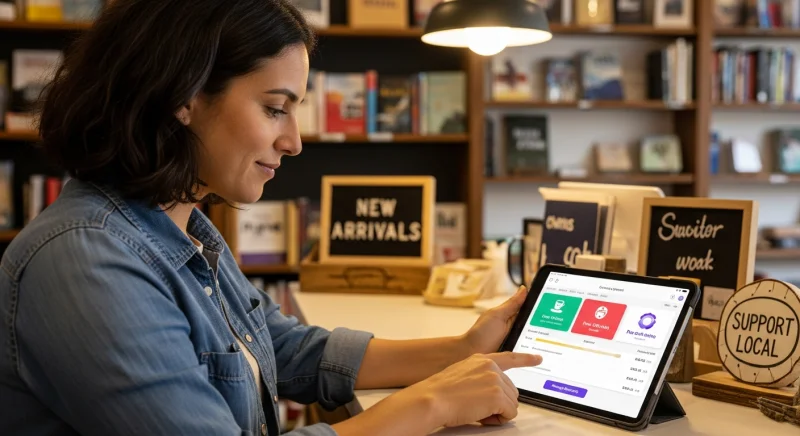 Small business owner managing a digital loyalty program on a tablet