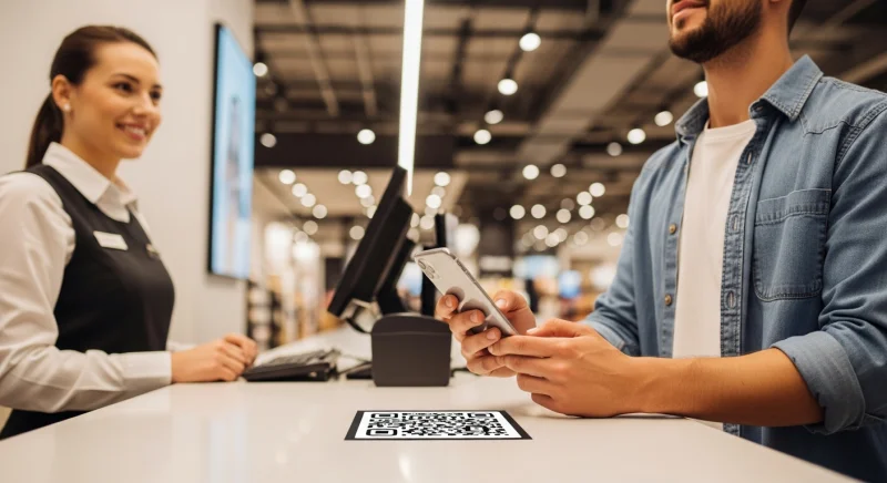 Customer scanning QR code at a retail store counter for loyalty program