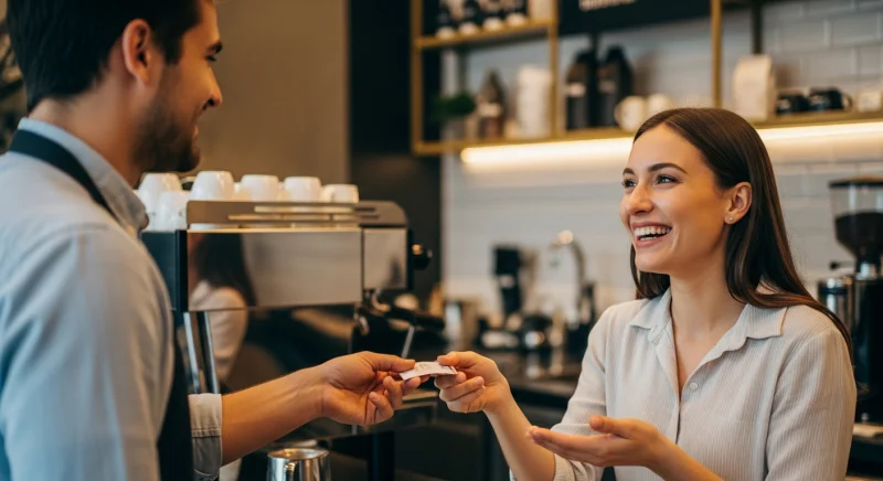 Customer receiving a loyalty reward at a coffee shop