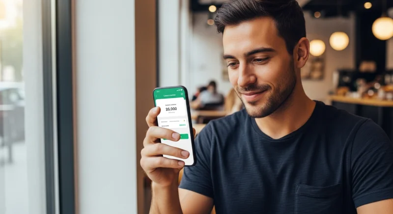 Young man checking his loyalty points balance on a smartphone in a caf&eacute;