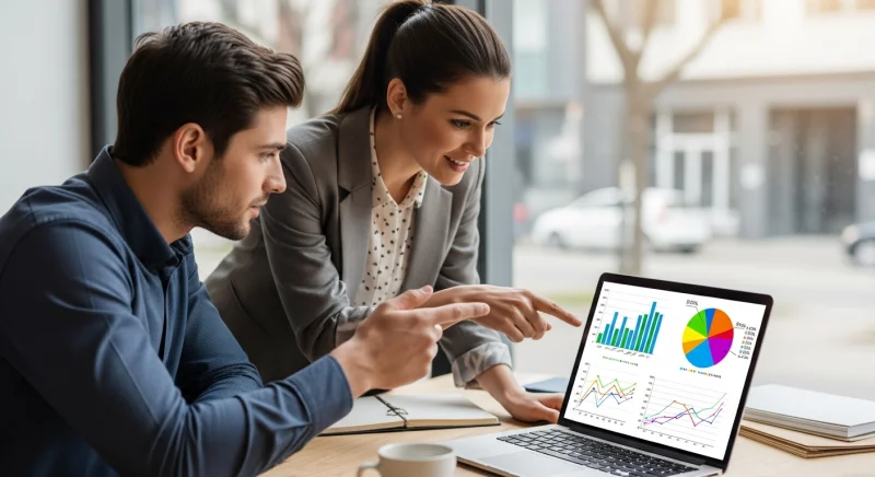 Business owner and employee reviewing loyalty program analytics on a laptop