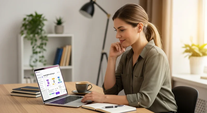 Entrepreneur setting up a digital loyalty program on her laptop