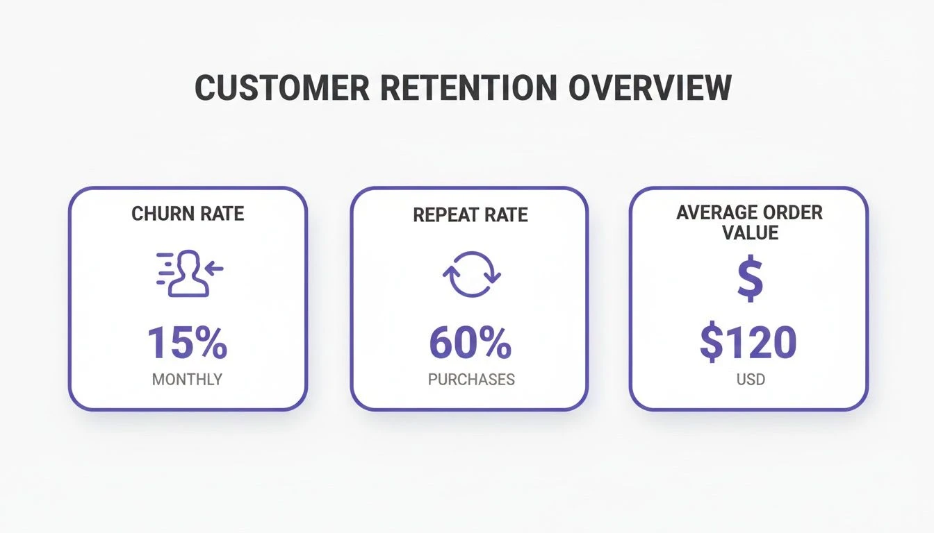 Prehľad udržania z&aacute;kazn&iacute;kov zobrazuj&uacute;ci mieru odchodu, mieru opakovania a metriky priemernej hodnoty objedn&aacute;vky.