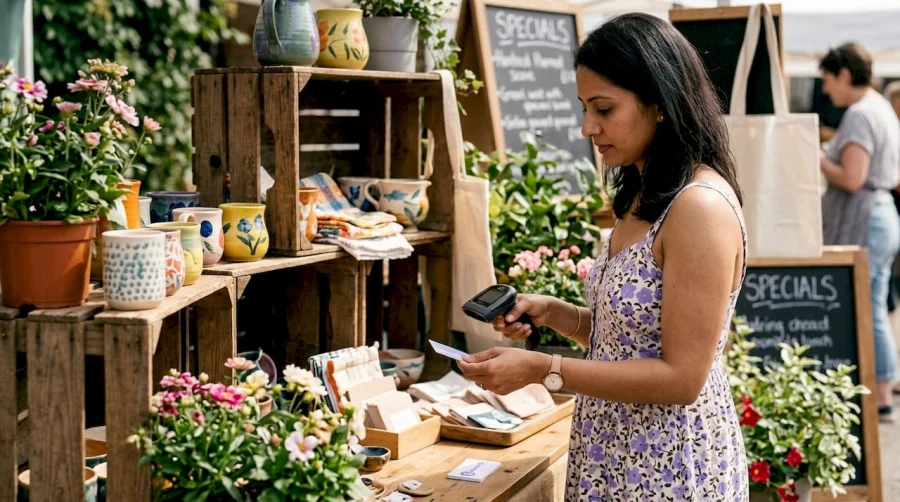 Client scannant une carte de fid&eacute;lit&eacute; au comptoir d'une boutique