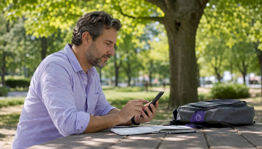 Customer using grocery app for digital coupons outdoors