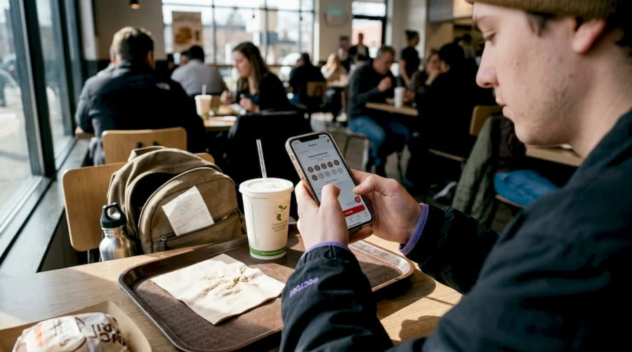 A v&aacute;s&aacute;rl&oacute; a hűs&eacute;gprogramot haszn&aacute;lja telefonj&aacute;n az &eacute;tteremben.