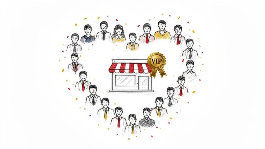 Kunden bilden ein Herz um ein Gesch&auml;ft mit einem VIP-Abzeichen, das die Kundentreue und das Pr&auml;mienprogramm symbolisiert.