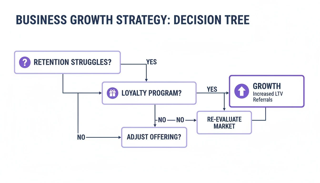 Entscheidungsbaum-Flussdiagramm zur Veranschaulichung der Optionen f&uuml;r eine Gesch&auml;ftswachstumsstrategie auf der Grundlage von Kundenbindungs- und Treueprogrammen.
