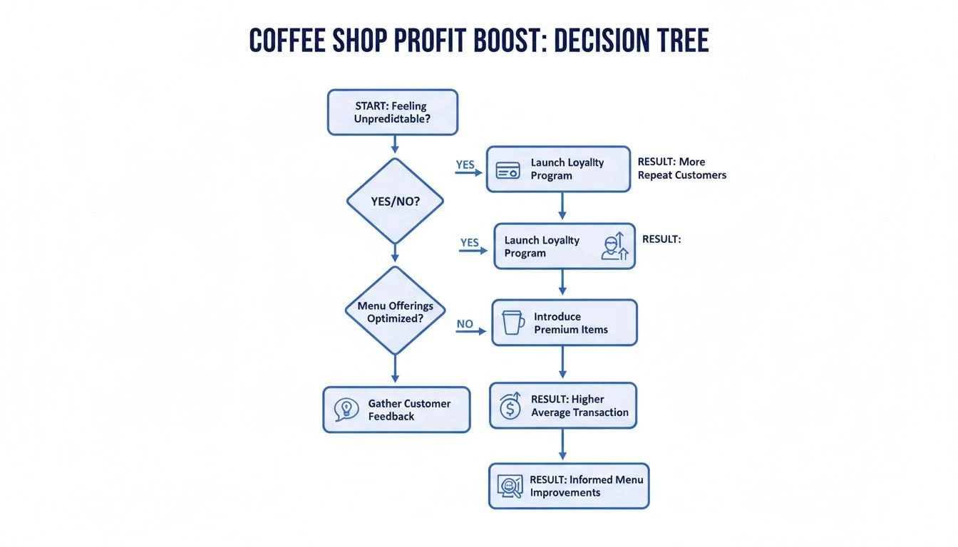 Decision tree illustrating strategies to boost coffee-shop profits, including loyalty programs and menu optimization.