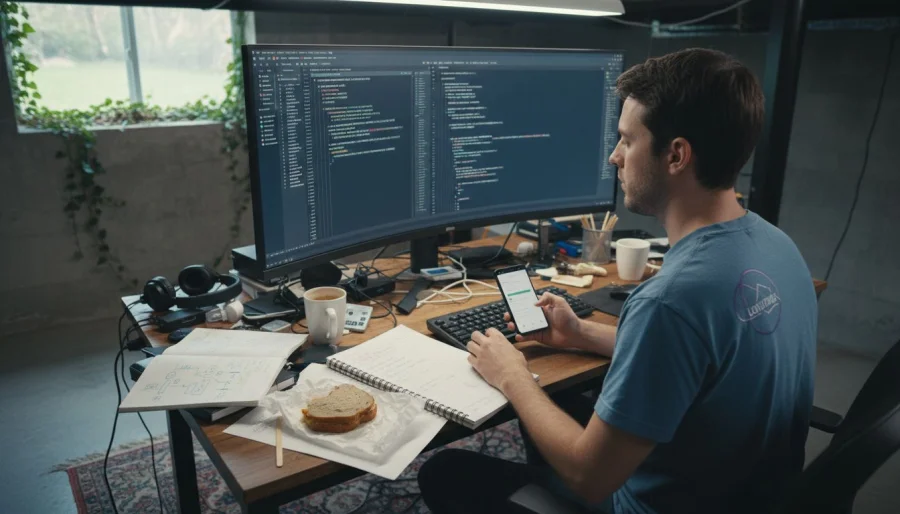 Entwickler testet die Integration der Kundenbindungs-App am Schreibtisch