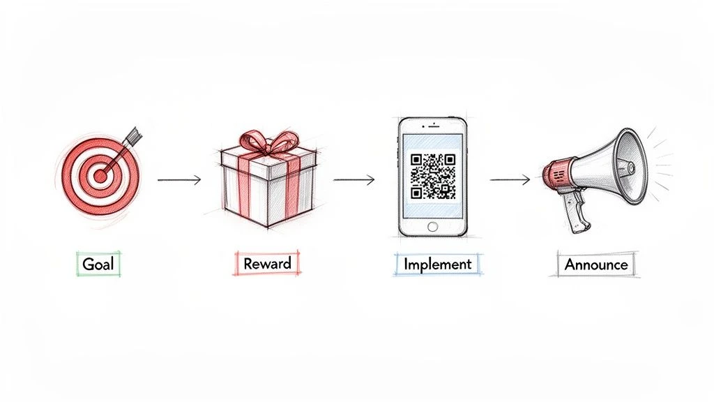El diagrama ilustra un proceso de marketing en cuatro pasos: objetivo, recompensa, aplicaci&oacute;n con c&oacute;digo QR y anuncio.