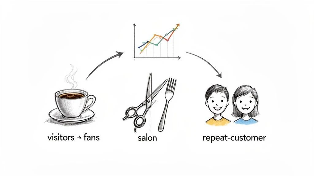 Diagrama que ilustra un ciclo comercial: los visitantes se convierten en fans, lo que lleva al crecimiento, y luego en clientes habituales.