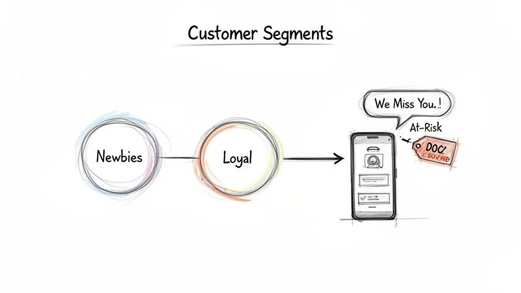 Diagram zn&aacute;zorňuj&iacute;c&iacute; segmenty z&aacute;kazn&iacute;ků: Nov&aacute;čci, věrn&iacute; a ohrožen&iacute; z&aacute;kazn&iacute;ci, kteř&iacute; dost&aacute;vaj&iacute; zpr&aacute;vu 